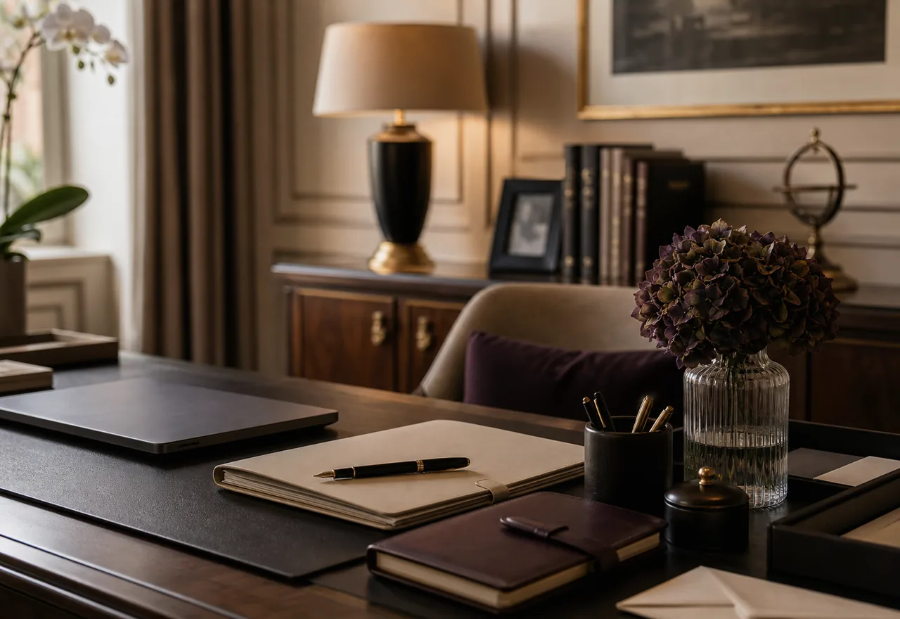 Elegant private office desk with closed laptop, fountain pen and confidential documents